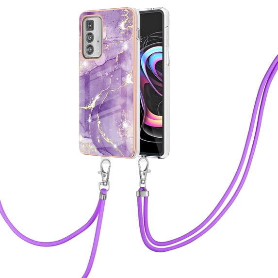 Allytech Moto Edge 20 Pro Case, Luxury Marble Pattern Rubber TPU Shoulder Strap Lanyard Drop Protection Anti-scratch Shock-absorbing Back Cover Case for Motorola Moto Edge 20 Pro, Purple