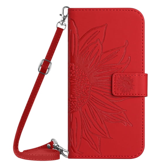 Allytech Moto Edge 30 Ultra Wallet Case with Shoulder Strap, Sunflower Embossed Slim Fit Cards Slots Flip Cover Stand Protective Shockproof Case for Motorola Moto Edge 30 Ultra,Red