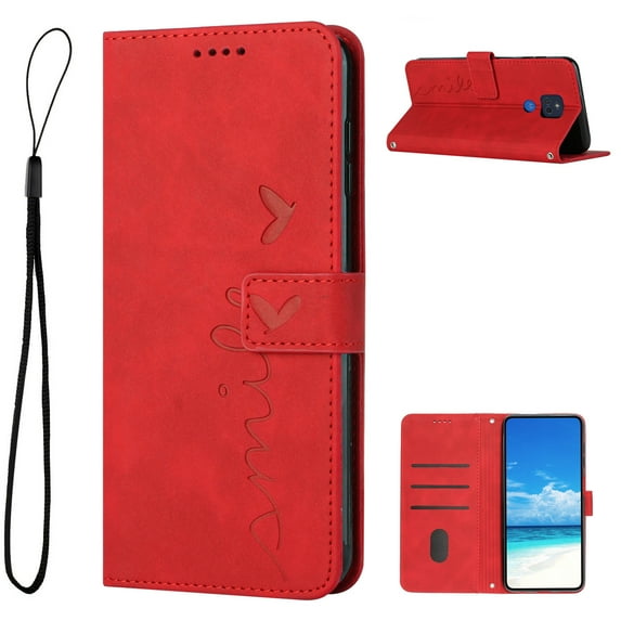 Allytech for Moto G Play 2021 Wallet Case,Embossed PU Leather Folio Flip Wristlet Shockproof Credit Card Slots Stand Case for Motorola Moto G Play 2021 6.5 inch, Red