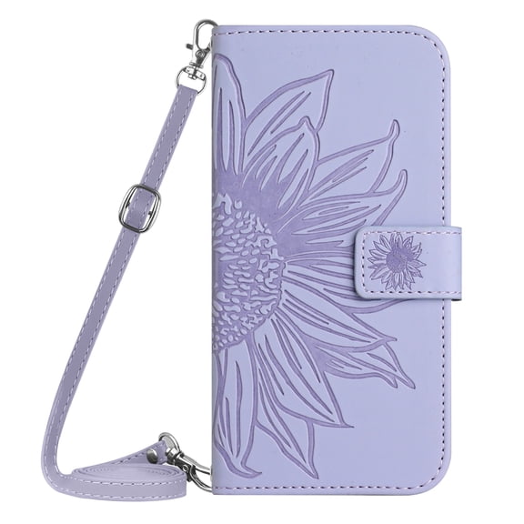 Allytech Moto G Play 2023 Wallet Case with Shoulder Strap, Sunflower Embossed Slim Fit Cards Slots Flip Cover Stand Protective Shockproof Case for Motorola Moto G Play 2023,Lightpurple