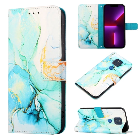 Allytech Moto G Power 2021 Case Wallet, Stylish Marble Folding Kickstand Full Body Protection Shockproof Cards Pocket Wrist Strap Wallet Cover for Motorola Moto G Power 2021 - Green Marble