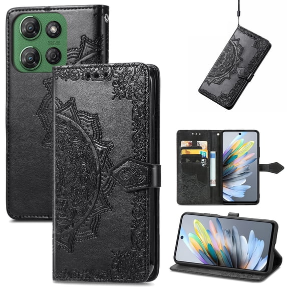 Allytech for Moto G Power (2025) Wallet Case, Luxury PU Leather with Embossed Pattern, Magnetic Clasp Kickstand Card Cash Slots Shockproof Slim Flip Case with Hand Strap for Women Men, Black