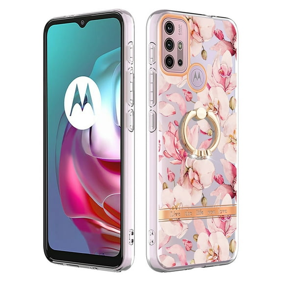 Allytech for Moto G30 Case with Ring Holder Stand, Slim Shell Floral Series Bumper Anti-Scratch Shockproof Lightweight Phone Case Cover for Motorola Moto G30, Pink Flower