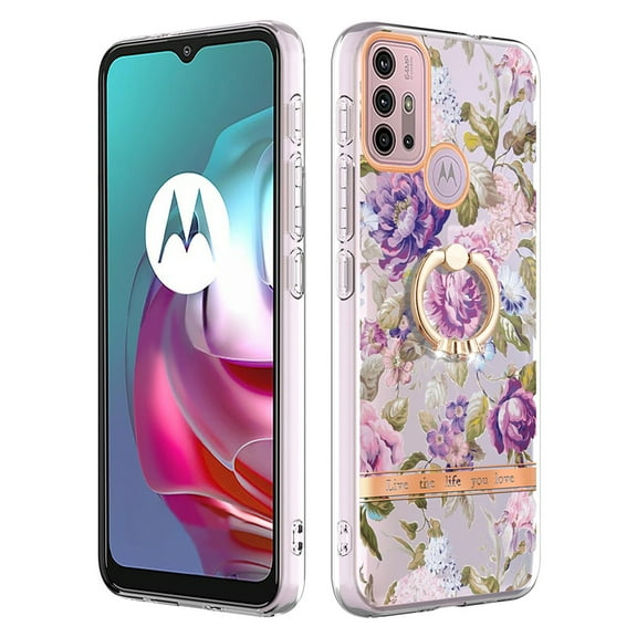Allytech for Moto G30 Case with Ring Holder Stand, Slim Shell Floral Series Bumper Anti-Scratch Shockproof Lightweight Phone Case Cover for Motorola Moto G30, Rose