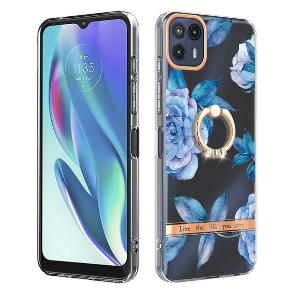 Allytech for Moto G50 Case with Ring Holder Stand, Slim Shell Floral Series Bumper Anti-Scratch Shockproof Lightweight Phone Case Cover for Motorola Moto G50, Blue Flower
