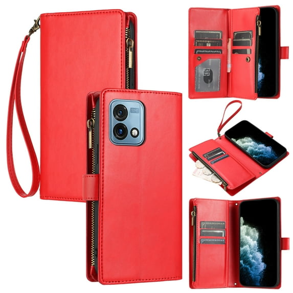 Allytech for Motorola Moto G Stylus 5G 2023 Phone Case, Zipper Pocket Wallet Card Holder Wrist Strap Crossbody Strap Kickstand Luxury Folio Flip Leather Phone Case Cover for Women Men, Red