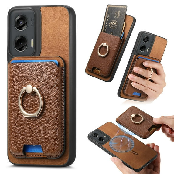 Allytech Motorola Moto G (2024) Case, Detachable Magnetic Wallet Case with Card Holder & Ring Stand, Support Car Mount, Premium PU Leather Shockproof Durable Protective Slim Case Cover - Brown