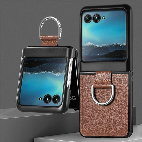 Allytech Motorola Razr 40 Ultra Case with Ring Holder, Slim Fit Shell Vintage PU Leather Back Cover Anti-Scratch Shock Resistant Phone Case for Motorola Razr 40 Ultra - Brown