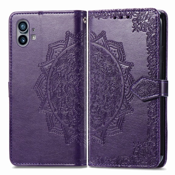 Allytech Nothing Phone (1) Case, PU Leather Mandala Embossed Flip Stand Cover Shell Anti-scratch Shockproof Protective Cards Slots Hand Wrist Wallet Case for Nothing Phone 1 One - Purple