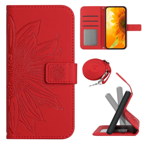 Allytech OnePlus 10 Pro Wallet Case with Crossbody Strap PU Leather Sunflower Embossed Cards Slots Stand Shockproof Flip Cover for Girls WOmen Case for OnePlus 10 Pro 5G - Red