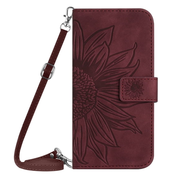 Allytech OnePlus Nord 2 5G Wallet Case with Crossbody Strap PU Leather Sunflower Embossed Cards Slots Stand Shockproof Flip Cover for Girls WOmen Case for OnePlus Nord 2 5G - Winered