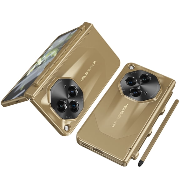 Allytech for OnePlus Open Case with Front Screen Protector Pencil Holder & Stylus Pen, Camera Lens Protective Hinge Protection Shockproof Bumper Phone Case Cover for OnePlus Open - Gold