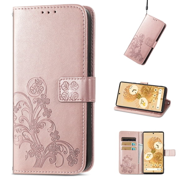 Allytech PU Leather Case for Google Pixel 6 Pro 2021 Wallet Cover with Kickstand, Folio Flip Wristlet Shockproof Credit Card Slots Holder Magnetic Snap Emboosed Case for Pixel 6 Pro 5G 6.7", Rosegold