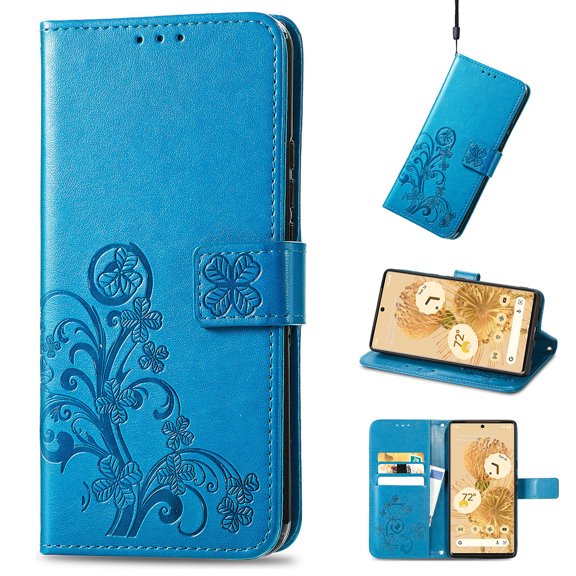 Allytech PU Leather Case for Google Pixel 6 Pro 2021 Wallet Cover with Kickstand, Folio Flip Wristlet Shockproof ID Credit Card Slots Holder Magnetic Snap Emboosed Case for Pixel 6 Pro 5G 6.7", Blue