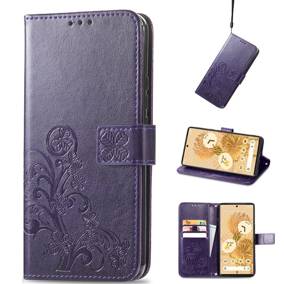 Allytech PU Leather Case for Google Pixel 6 Pro 2021 Wallet Cover with Kickstand, Folio Flip Wristlet Shockproof ID Credit Card Slots Holder Magnetic Snap Emboosed Case for Pixel 6 Pro 5G 6.7", Purple