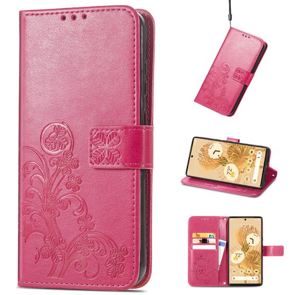 Allytech PU Leather Case for Google Pixel 6 Pro 2021 Wallet Cover with Kickstand, Folio Flip Wristlet Shockproof ID Credit Card Slots Holder Magnetic Snap Emboosed Case for Pixel 6 Pro 5G 6.7", Rose