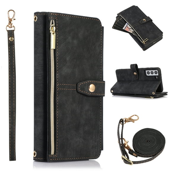 Allytech PU Leather Case for Samsung Galaxy S22 5G 2022, Removable Adjustable Crossbody Shoulder Strap [9 Card Holders] Lanyard Purse Stand Wallet Cover for Samusng S22 6.1 inch, Black