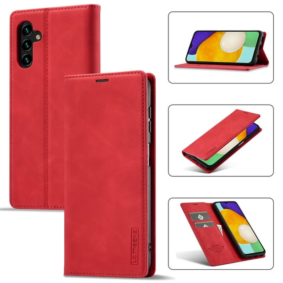 Allytech PU Leather Slim Wallet Case for Samsung Galaxy A15, Kickstand Magnetic Closure Cover with Card Slots & Cash Pocket, Full Body Protection Soft TPU Shockproof Case for Women Men, Red