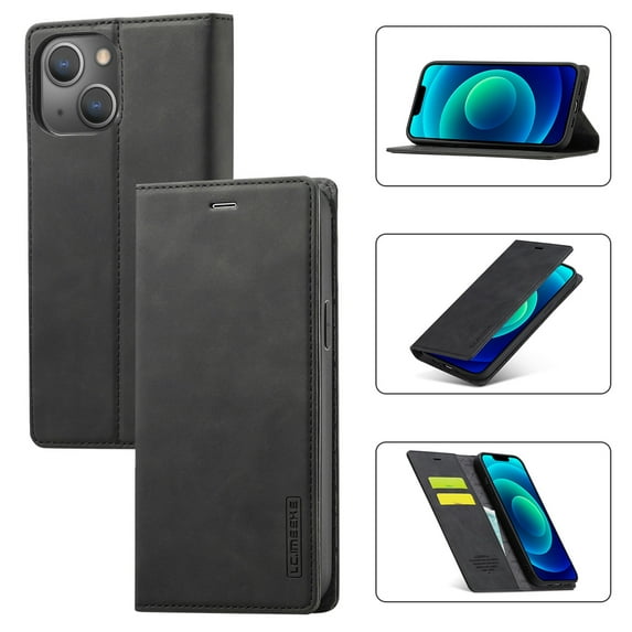Allytech PU Leather Slim Wallet Case for iPhone 15, Kickstand Magnetic Closure Cover with Card Slots & Cash Pocket, Full Body Protection Soft TPU Shockproof Case for Women Men, Black