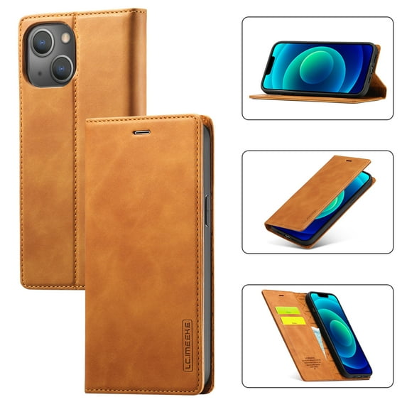 Allytech PU Leather Slim Wallet Case for iPhone 15 Plus, Kickstand Magnetic Closure Cover with Card Slots & Cash Pocket, Full Body Protection Soft TPU Shockproof Case for Women Men, Brown