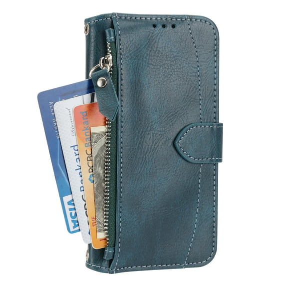 Allytech PU Leather Zipper Wallet Case for Samsung Galaxy S22 Ultra with Crossbody Shoulder Strap Card Slots Shockproof Magnetic Kickstand Protective Case for Samsung Galaxy S22 Ultra,Green