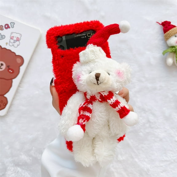 Allytech Phone Case for Samsung Galaxy Z Flip 4 5G 6.7", Christmas Warm Plush Furry Fuzzy Hat Bear Back Slim Cute Winter Case Cover for Kids Girls Women Compatible with Galaxy Z Flip 4 2022, Red