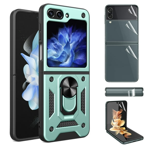 Allytech Phone Case for Samsung Galaxy Z Flip 5 5G with 1 Set Screen Protector - Military Grade Protection Shockproof Ring Holder Stand Anti-Scratch Hybrid Cover for Samsung Galaxy Z Flip 5 -Green