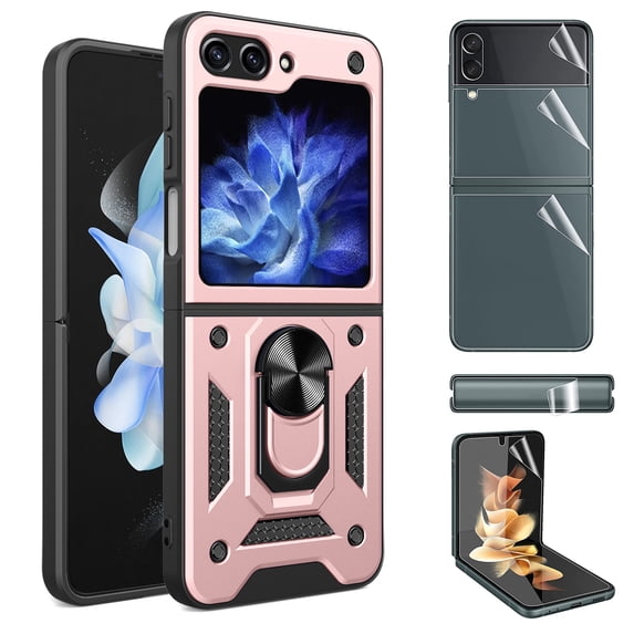 Allytech Phone Case for Samsung Galaxy Z Flip 5 5G with 1 Set Screen Protector - Military Grade Protection Shockproof Ring Holder Stand Anti-Scratch Hybrid Cover for Samsung Galaxy Z Flip 5 -Rosegold