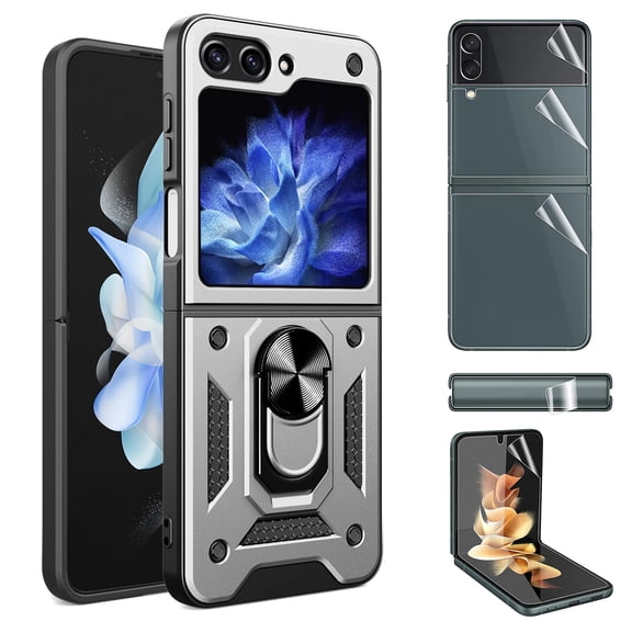 Allytech Phone Case for Samsung Galaxy Z Flip 5 5G with 1 Set Screen Protector - Military Grade Protection Shockproof Ring Holder Stand Anti-Scratch Hybrid Cover for Samsung Galaxy Z Flip 5 -Silver
