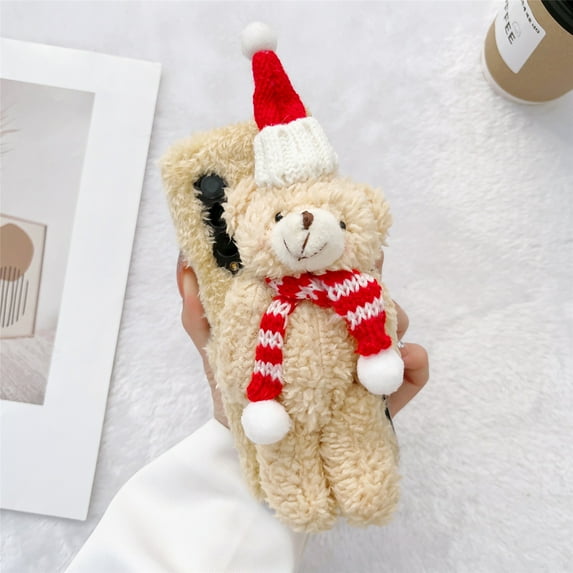 Allytech Phone Case for Samsung Galaxy Z Fold 4 5G 7.6", Christmas Warm Plush Furry Fuzzy Hat Bear Back Slim Cute Winter Case Cover for Kids Girls Women Compatible with Galaxy Z Fold 4 2022, Beige
