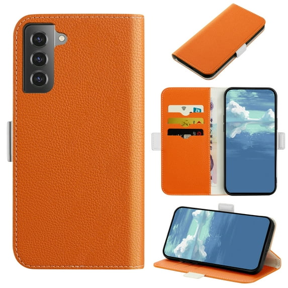 Allytech Phone Case for Samsung Galaxy S21 FE ,Lychee Texture Leather Magnetic Closure Flip Wallet Cover with ID Credit Card Slots Kickstand,Orange
