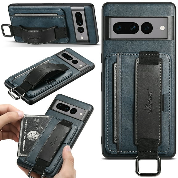 Allytech Phone Cover for Google Pixel 8 Pro Case, Vintage PU Leather Hand Wristband Strap Ring Holder Cards Holder Wallet Case for Google Pixel 8 Pro - Blue