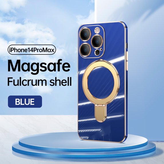 Allytech Plated Case for iPhone 14 Pro Max Compatible with MagSafe, Magnetic Ring Kickstand Slim Lightweight Cover with Lens Protector, Luxury Soft TPU Shockproof Case for Women Men - Blue