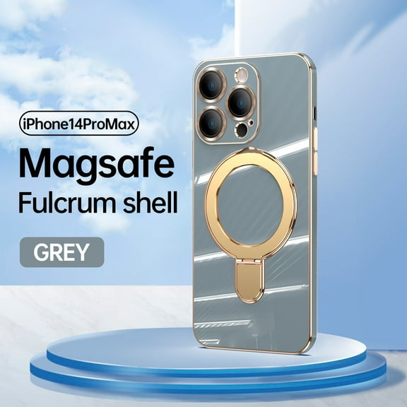 Allytech Plated Case for iPhone 14 Pro Max Compatible with MagSafe, Magnetic Ring Kickstand Slim Lightweight Cover with Lens Protector, Luxury Soft TPU Shockproof Case for Women Men - Gray