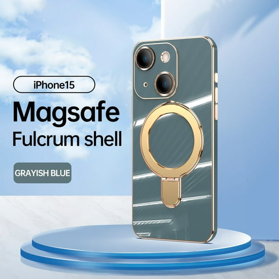 Allytech Plated Case for iPhone 15 Compatible with MagSafe, Magnetic Ring Kickstand Slim Lightweight Cover with Lens Protector, Luxury Soft TPU Shockproof Case for Women Men - Grayblue