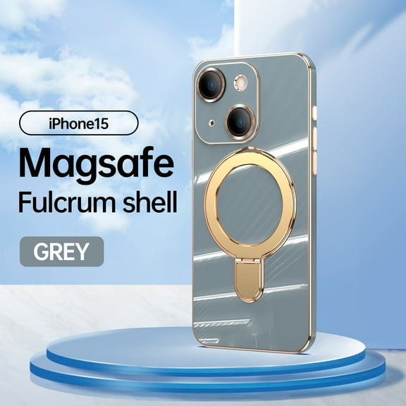Allytech Plated Case for iPhone 15 Compatible with MagSafe, Magnetic Ring Kickstand Slim Lightweight Cover with Lens Protector, Luxury Soft TPU Shockproof Case for Women Men - Gray
