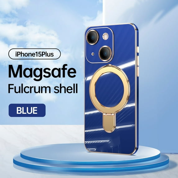 Allytech Plated Case for iPhone 15 Plus Compatible with MagSafe, Magnetic Ring Kickstand Slim Lightweight Cover with Lens Protector, Luxury Soft TPU Shockproof Case for Women Men - Blue