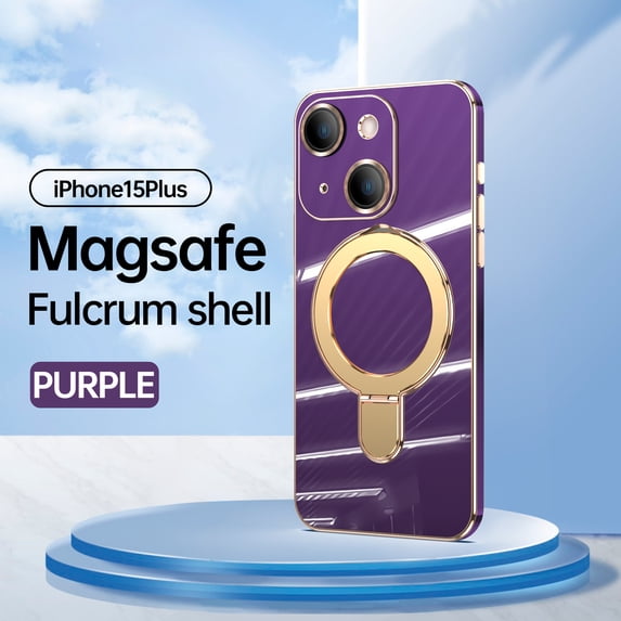 Allytech Plated Case for iPhone 15 Plus Compatible with MagSafe, Magnetic Ring Kickstand Slim Lightweight Cover with Lens Protector, Luxury Soft TPU Shockproof Case for Women Men - Darkpurple
