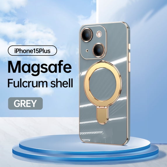 Allytech Plated Case for iPhone 15 Plus Compatible with MagSafe, Magnetic Ring Kickstand Slim Lightweight Cover with Lens Protector, Luxury Soft TPU Shockproof Case for Women Men - Gray