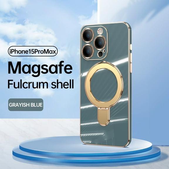 Allytech Plated Case for iPhone 15 Pro Max Compatible with MagSafe, Magnetic Ring Kickstand Slim Lightweight Cover with Lens Protector, Luxury Soft TPU Shockproof Case for Women Men - Grayblue