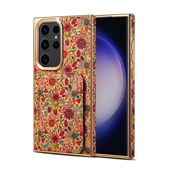 Allytech Plating Case for Samsung Galaxy S23 Ultra with Back Credit Card Holder, Ultra Slim Stylish Flowers Pattern PU Leather Kickstand Shockproof Protective Soft Cover for Women Girls - Purple