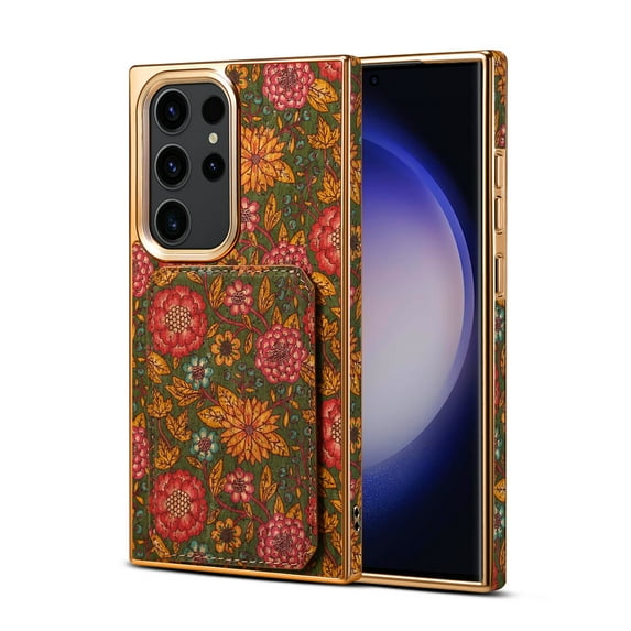 Allytech Plating Case for Samsung Galaxy S23 Ultra with Back Credit Card Holder, Ultra Slim Stylish Flowers Pattern PU Leather Kickstand Shockproof Protective Soft Cover for Women Girls - Green