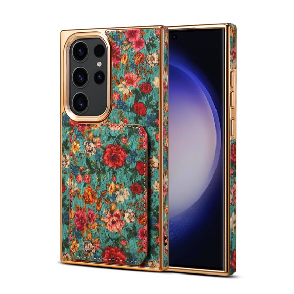 Allytech Plating Case for Samsung Galaxy S23 Ultra with Back Credit Card Holder, Ultra Slim Stylish Flowers Pattern PU Leather Kickstand Shockproof Protective Soft Cover for Women Girls - Blue