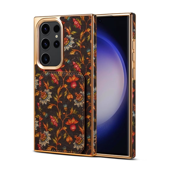 Allytech Plating Case for Samsung Galaxy S23 Ultra with Back Credit Card Holder, Ultra Slim Stylish Flowers Pattern PU Leather Kickstand Shockproof Protective Soft Cover for Women Girls - Black