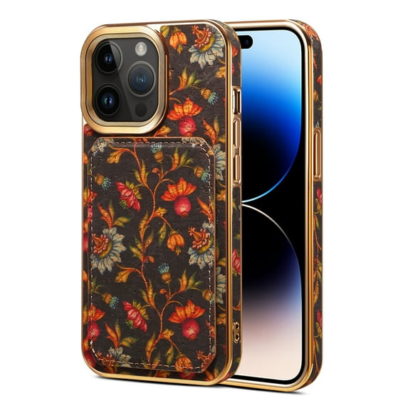 Allytech Plating Case for iPhone 15 Pro Max with Back Credit Card Holder, Ultra Slim Stylish Flowers Pattern PU Leather Kickstand Shockproof Protective Soft Cover for Women Girls - Black