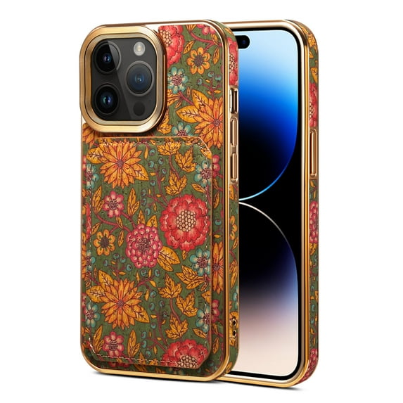 Allytech Plating Case for iPhone 15 Pro Max with Back Credit Card Holder, Ultra Slim Stylish Flowers Pattern PU Leather Kickstand Shockproof Protective Soft Cover for Women Girls - Green