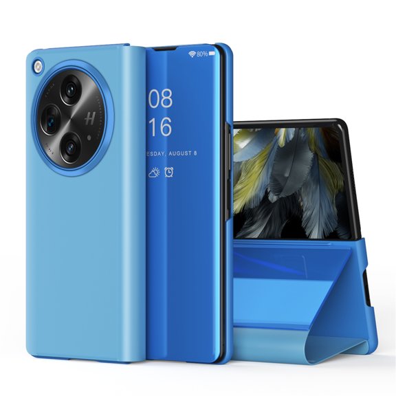 Allytech Plating Mirror Flip Case for OnePlus Open / Oppo Find N3 2023, Luxury PU Leather & Hard PC Slim Lightweight Cover with Kickstand, Comfortable Grip Shockproof Full Protective Case, Skyblue