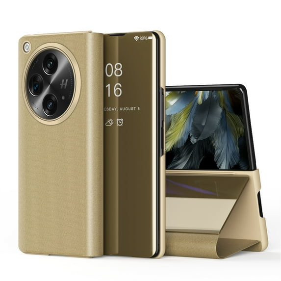 Allytech Plating Mirror Flip Case for OnePlus Open / Oppo Find N3 2023, Luxury PU Leather & Hard PC Slim Lightweight Cover with Kickstand, Comfortable Grip Shockproof Full Protective Case, Gold