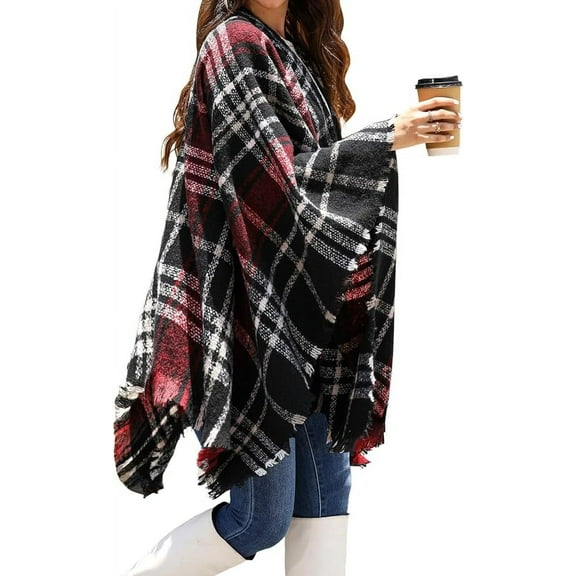 Allytech Ponchos for Women, Shawl Wraps for Women Open Front Plaid Knitted Plus Blanket Scraf Cape Cardigan - Winered