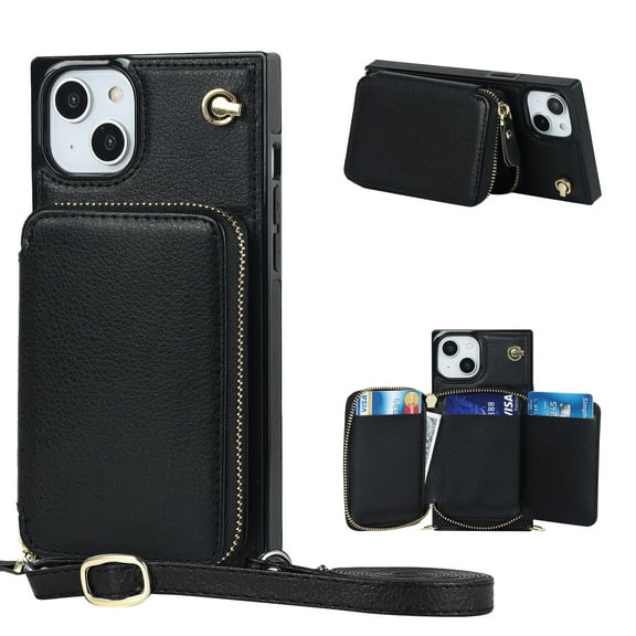 Allytech RFID Blocking Wallet Case for iPhone 14 2022, PU Leather Zipper Purse with Crossbody Strap Handbag Case with Credit Card Slots for iPhone 14 6.1 inch 5G, Black